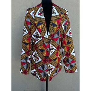 D'Iyanu Womens African Print Blazer Red Yellow Navy Geometric Jacket Size M‎